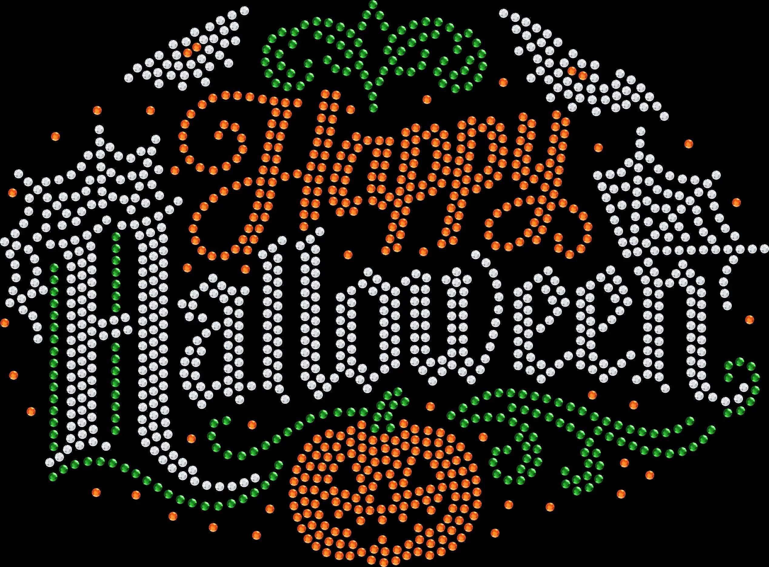 Happy Halloween rhinestone shirt featuring a sparkling festive Halloween design for spooky season, pumpkin patch trips, Halloween parties, trick or treating, fall festivals and October celebrations.