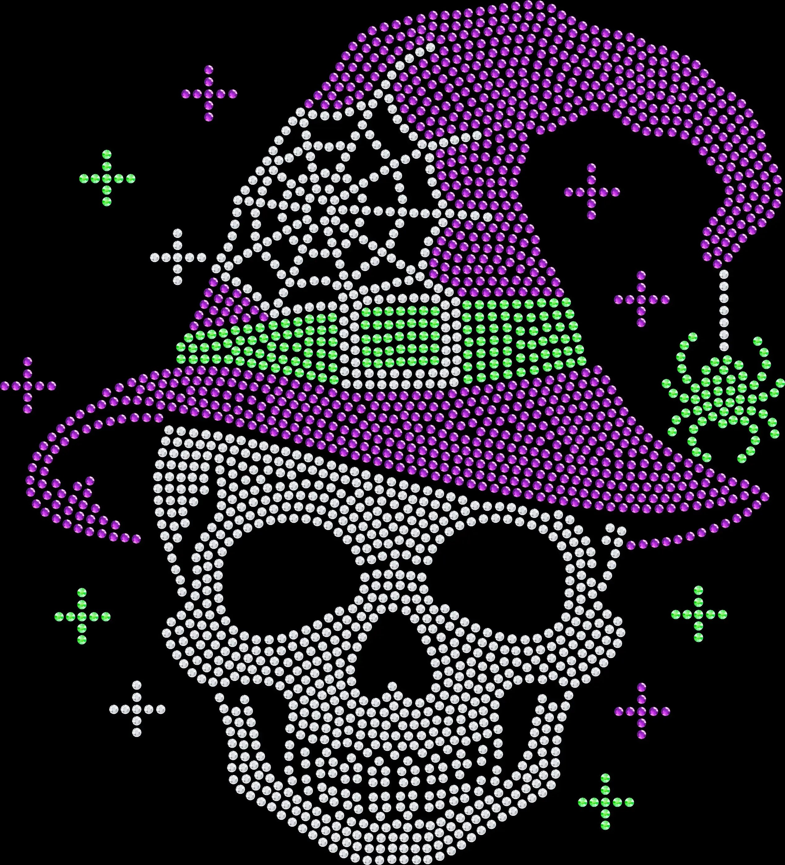 Skull Witch Head rhinestone Halloween shirt featuring a sparkling skull face with witch hat for spooky season, Halloween parties, haunted houses, witchy girls' nights and October outfits.