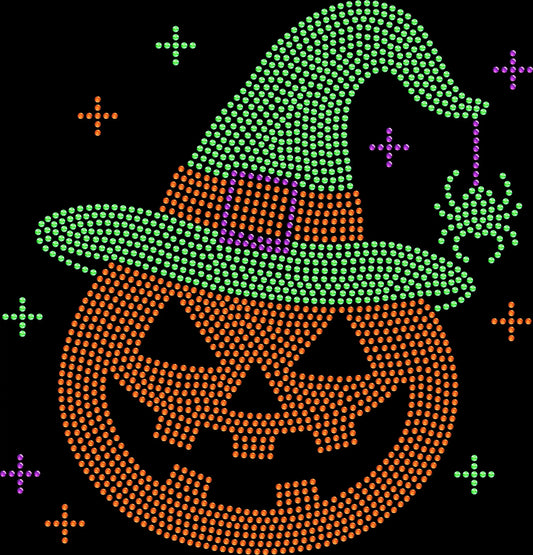 Pumpkin Witch rhinestone Halloween shirt featuring a sparkling pumpkin with a witch hat, perfect for spooky season, Halloween parties, fall festivals, girls' nights, trick-or-treat events and festive gifts for women.