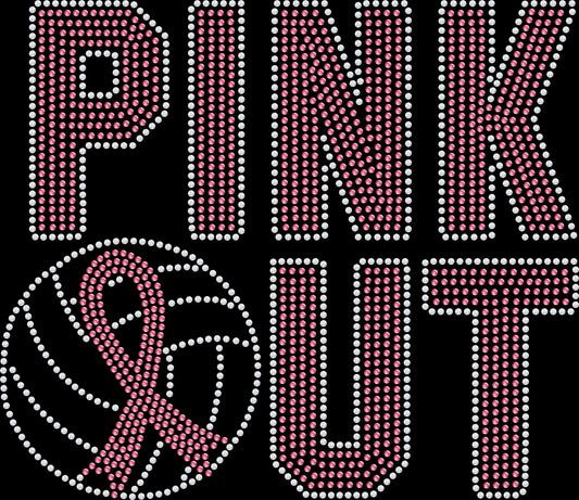 PINK Out Volleyball rhinestone shirt featuring a sparkling pink volleyball breast cancer awareness design for volleyball moms, fans, Pink Out games, Dig Pink events, October awareness nights and team spirit celebrations.
