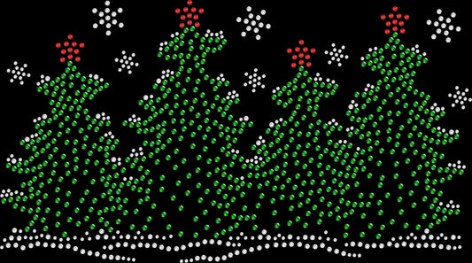 Rhinestone Christmas shirt featuring sparkling green snowy trees in a winter forest design for Christmas parties, holiday shopping, winter trips, Christmas markets, family photos and festive gifts for women.