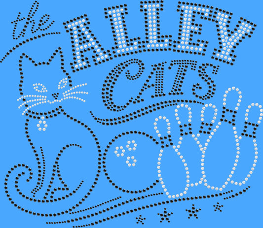 Rhinestone bowling shirt featuring The Alley Cats team name with a playful cat-inspired design for bowling leagues, tournaments, team photos, girls' bowling nights, matching team outfits and bowler gifts.