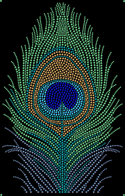 Peacock feather rhinestone shirt featuring a detailed feather eye with sparkling blue, green, aqua, gold and iridescent-inspired jewel tones for peacock lovers, bird enthusiasts, special events and statement outfits.