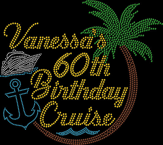 Custom birthday cruise rhinestone shirt personalized with a name and year for embarkation day, milestone birthday cruises, girls' trips, tropical vacations and sparkling cruise celebrations.
