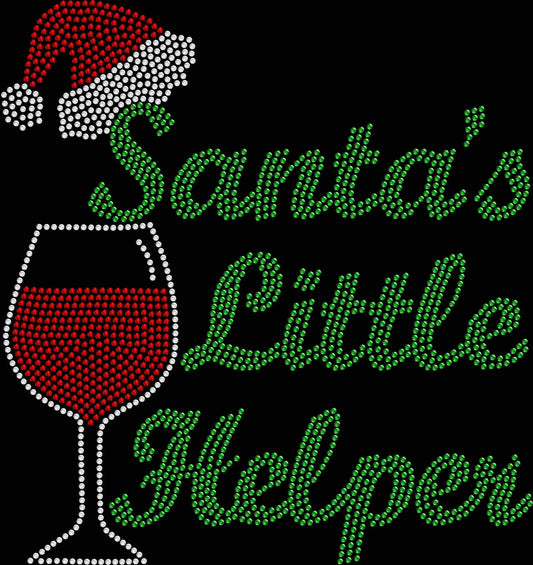 Funny Santa’s Little Helper wine Christmas shirt for adult holiday parties, available in sparkling glass rhinestones or colorful holographic spangles.