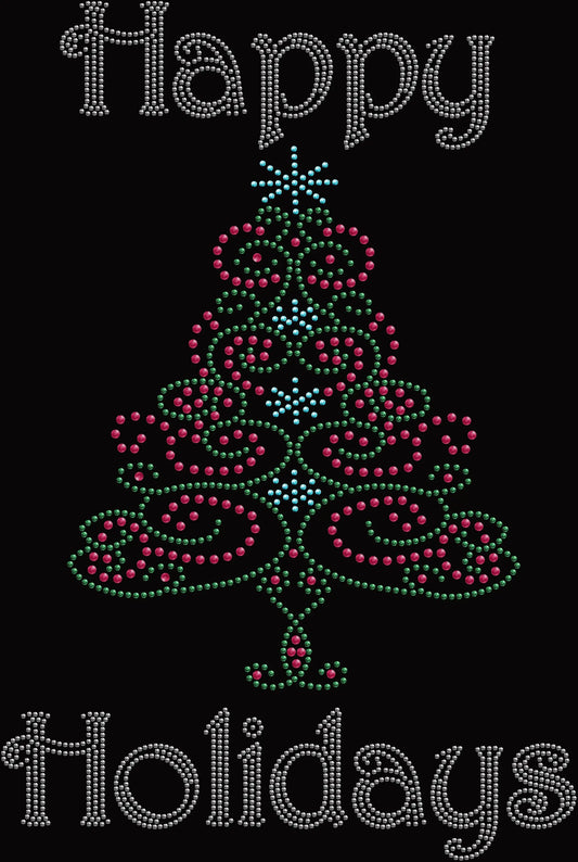 Happy Holidays Swirly Christmas Tree shirt featuring a festive swirling Christmas tree and Happy Holidays message created with premium glass rhinestones or holographic spangles. Sparkling holiday apparel for Christmas parties, family gatherings, office celebrations, holiday photos, Christmas shopping, winter events, and seasonal festivities. 🎄✨🎁💎❤️❄️