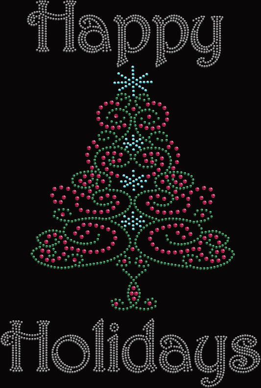 Happy Holidays shirt featuring an elegant swirly Christmas tree design decorated with sparkling glass rhinestones or reflective holographic spangles.