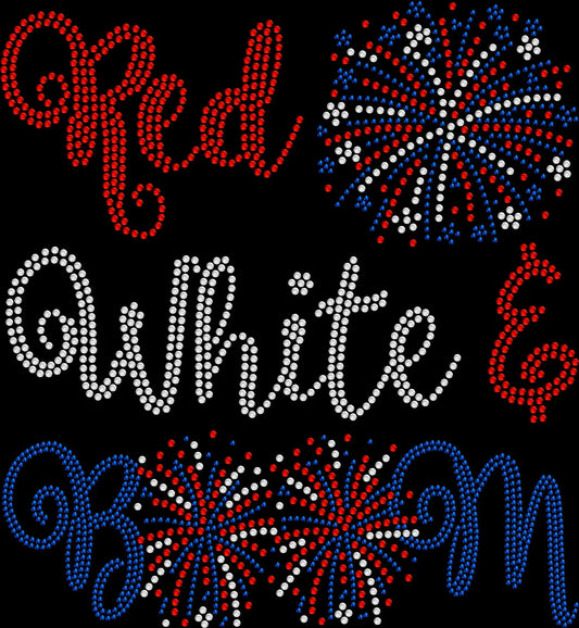 Red white and boom rhinestone shirt with sparkling crystal lettering on a soft unisex tee, patriotic bling shirt for women, fireworks themed USA apparel with high shine rhinestones