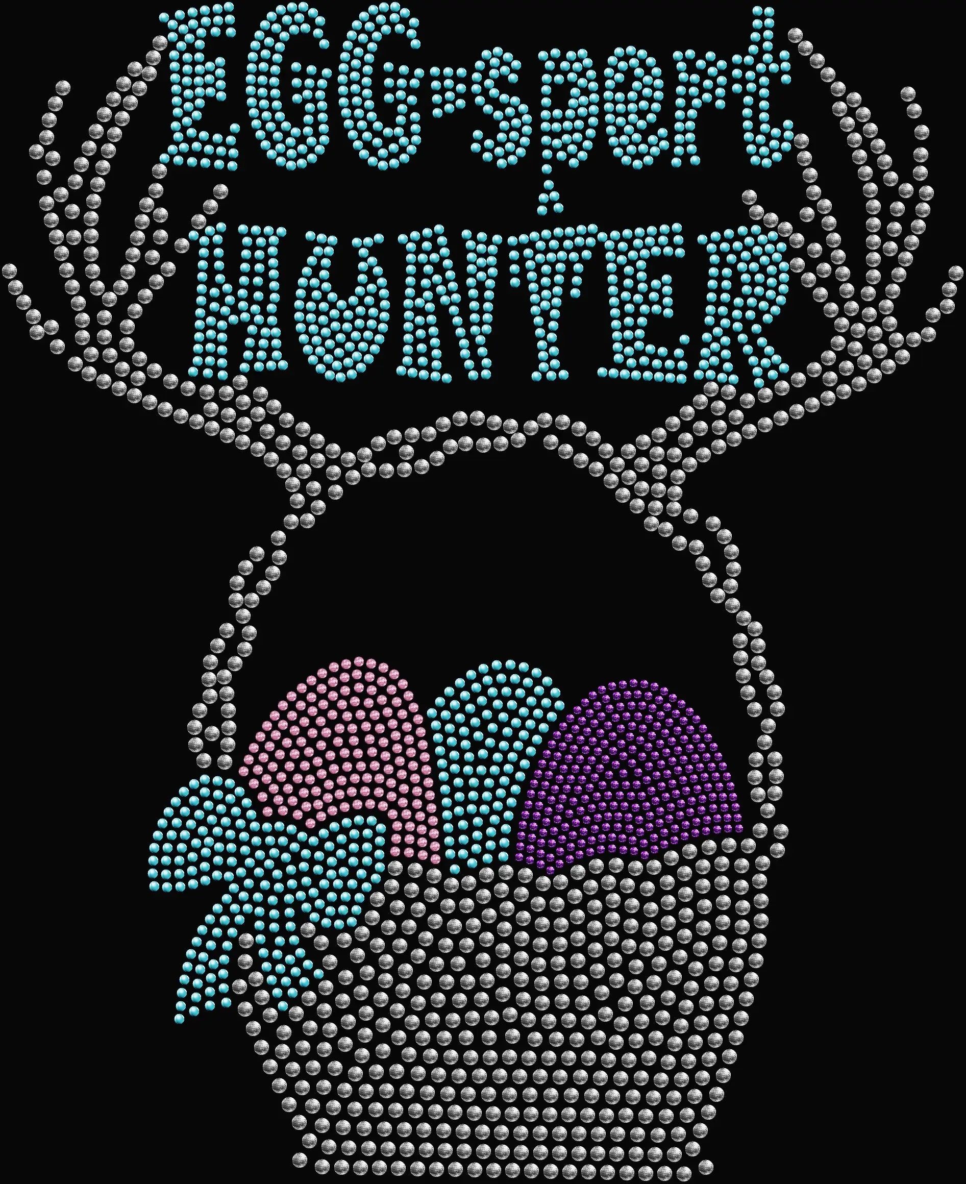 Sparkling rhinestone Eggs-pert Hunter shirt on a black t-shirt, funny Easter bling tee for women perfect for egg hunts and family events.