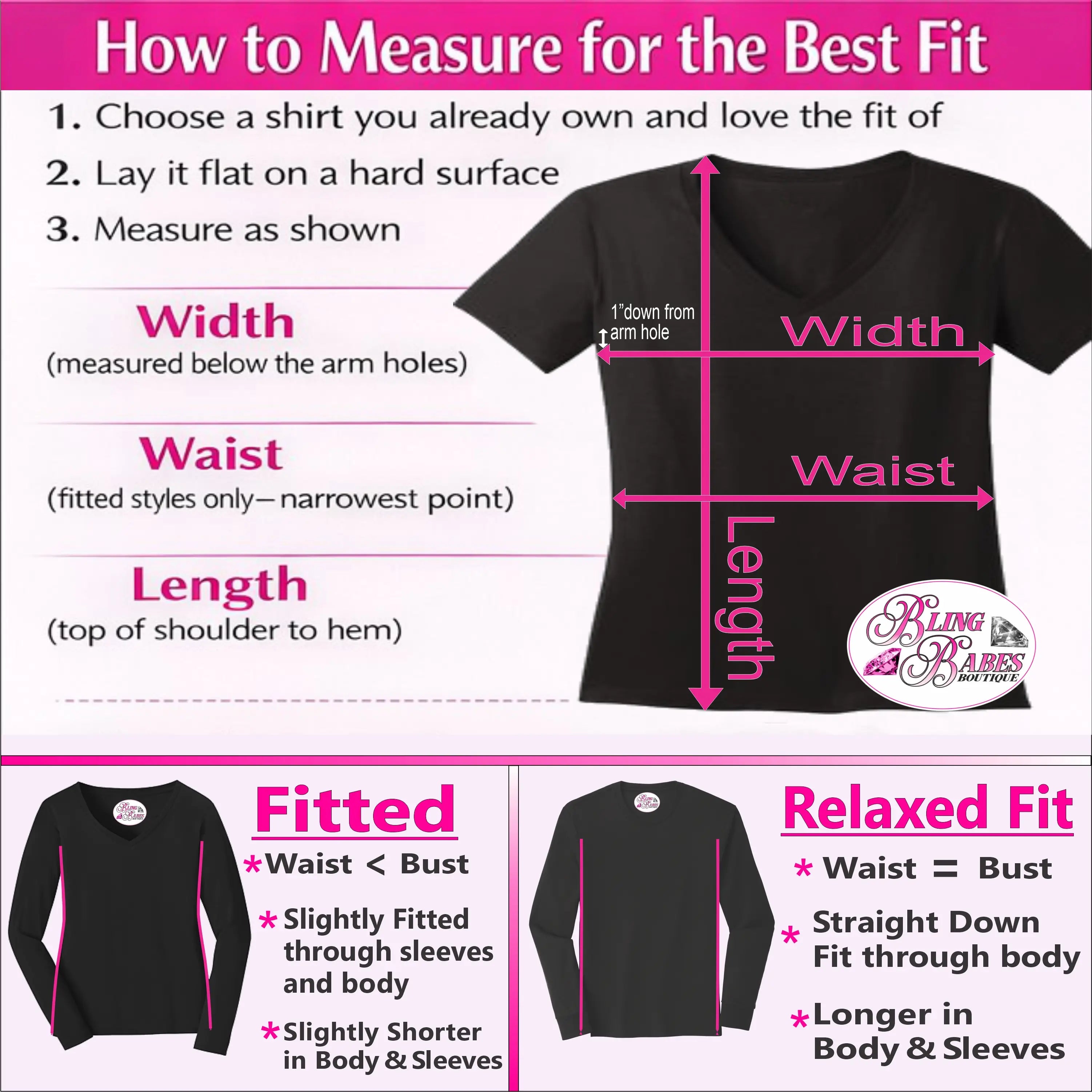 The image is a visual guide on how to measure for the best fit of a shirt, with three different styles of shirts shown and their corresponding measurements.