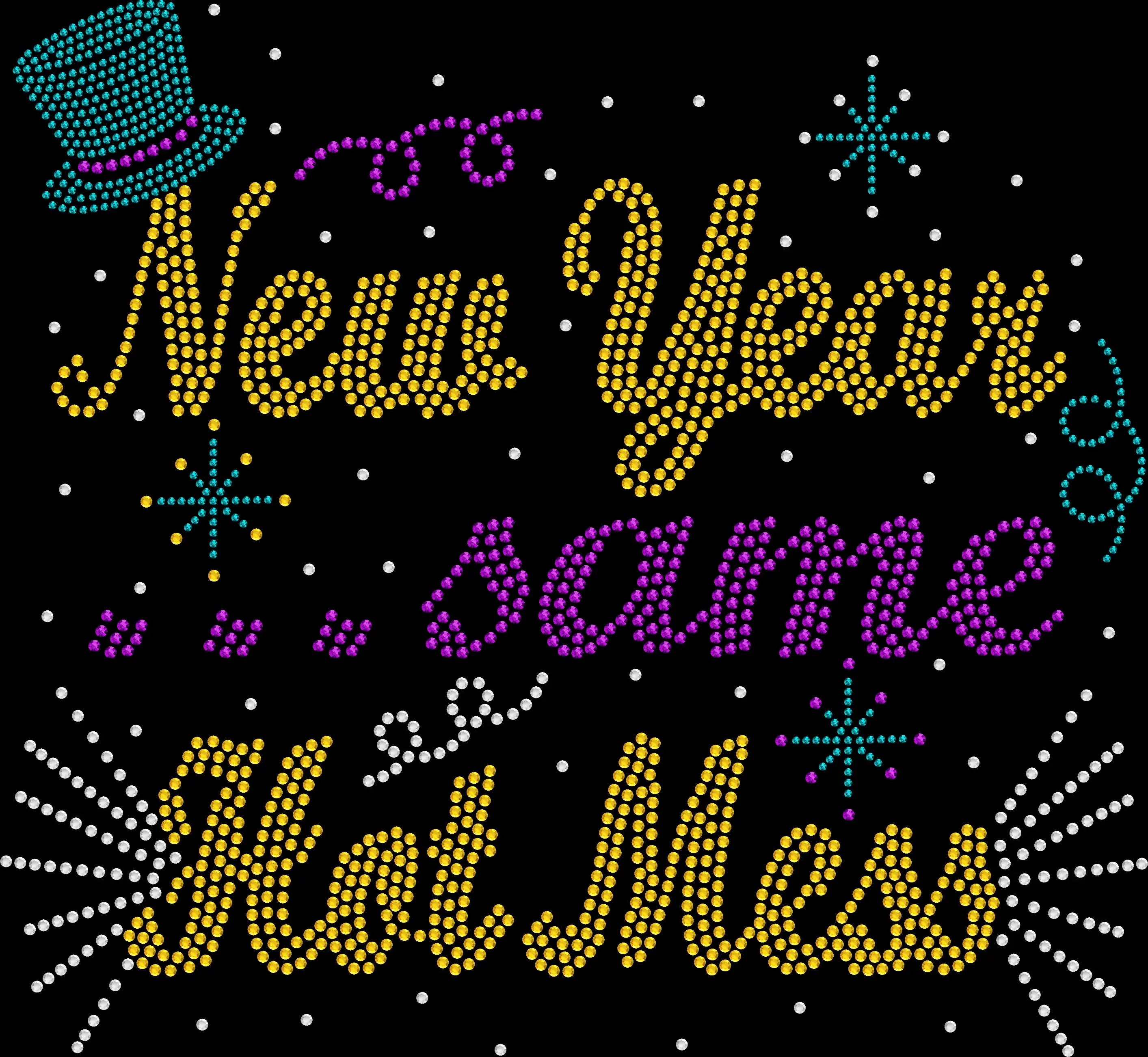 New Year, Same Hot Mess rhinestone shirt featuring sparkling crystal lettering on a soft women’s tee, perfect for New Year’s Eve parties and fun holiday celebrations.