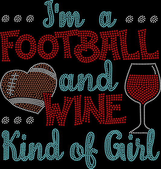 I’m a Wine and Football Kind of Girl rhinestone shirt featuring sparkling crystal lettering on a soft women’s tee, perfect for football games, tailgating, watch parties, and wine-loving game-day fans.