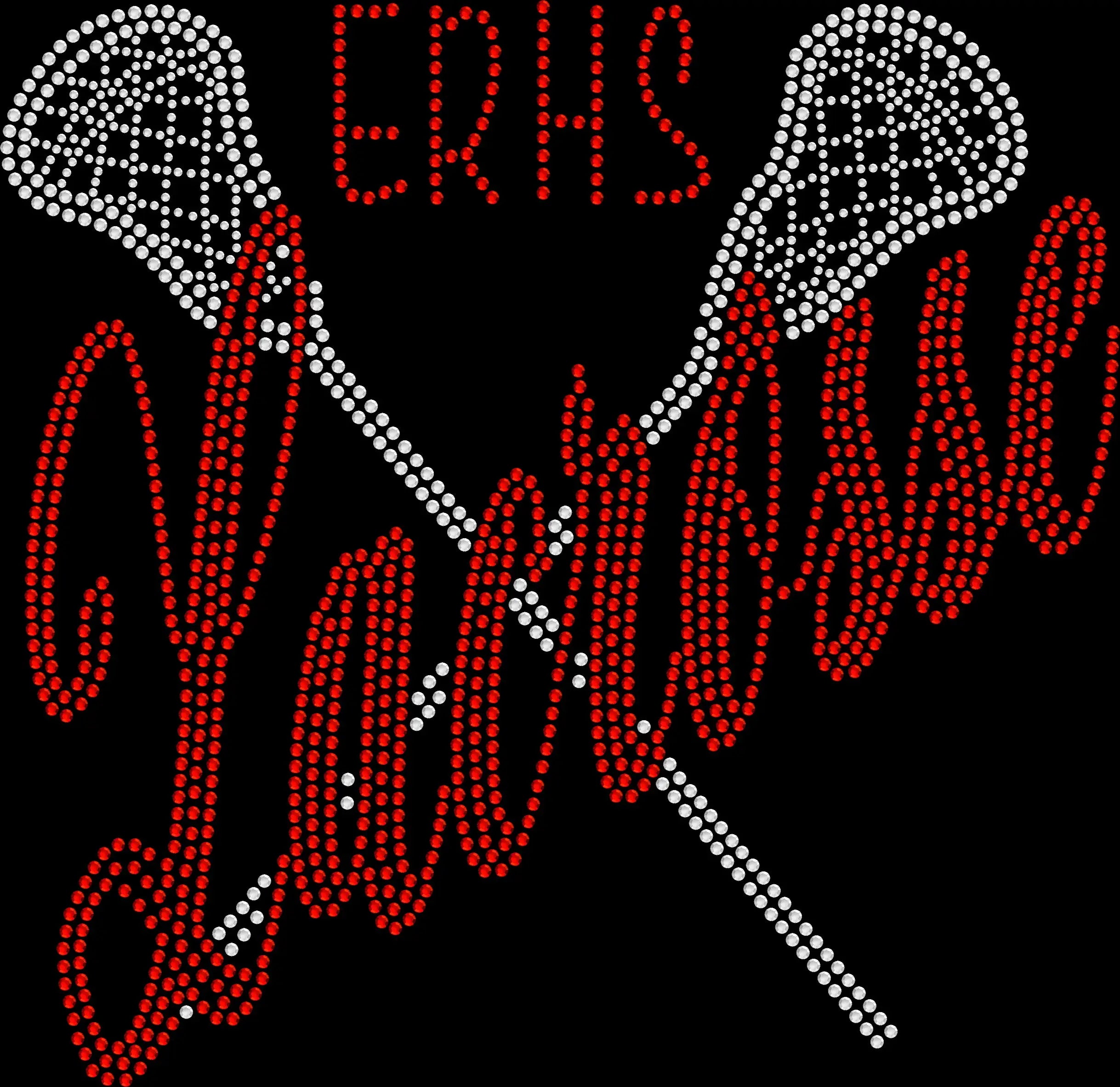 Diagonal ERHS lacrosse rhinestone shirt featuring sparkling school initials arranged in a diagonal athletic layout on a black tee, bling game day school spirit apparel