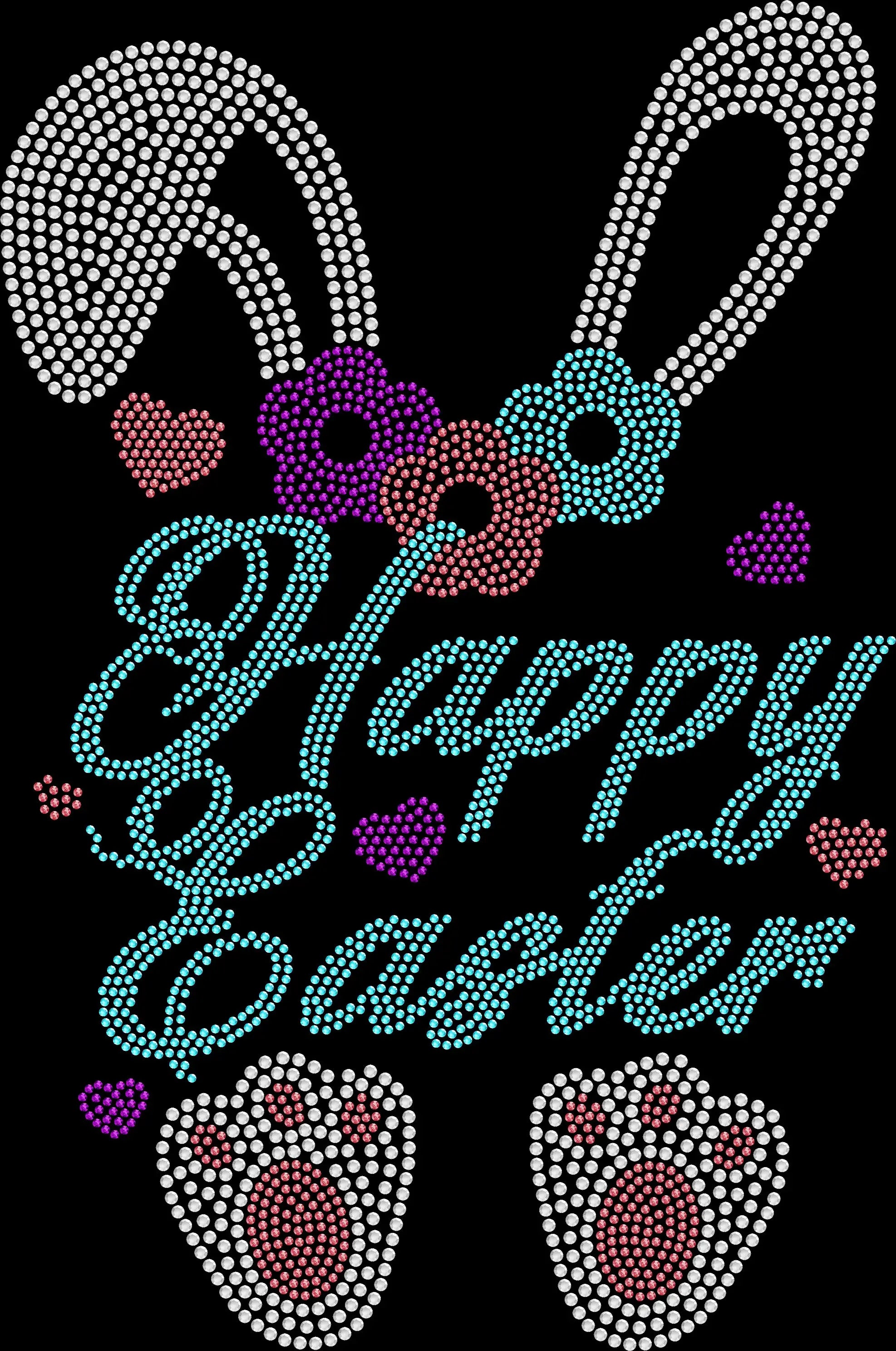 Happy Easter rhinestone shirt featuring sparkling crystal lettering with bunny ears and bunny feet graphic on a soft spring women’s tee