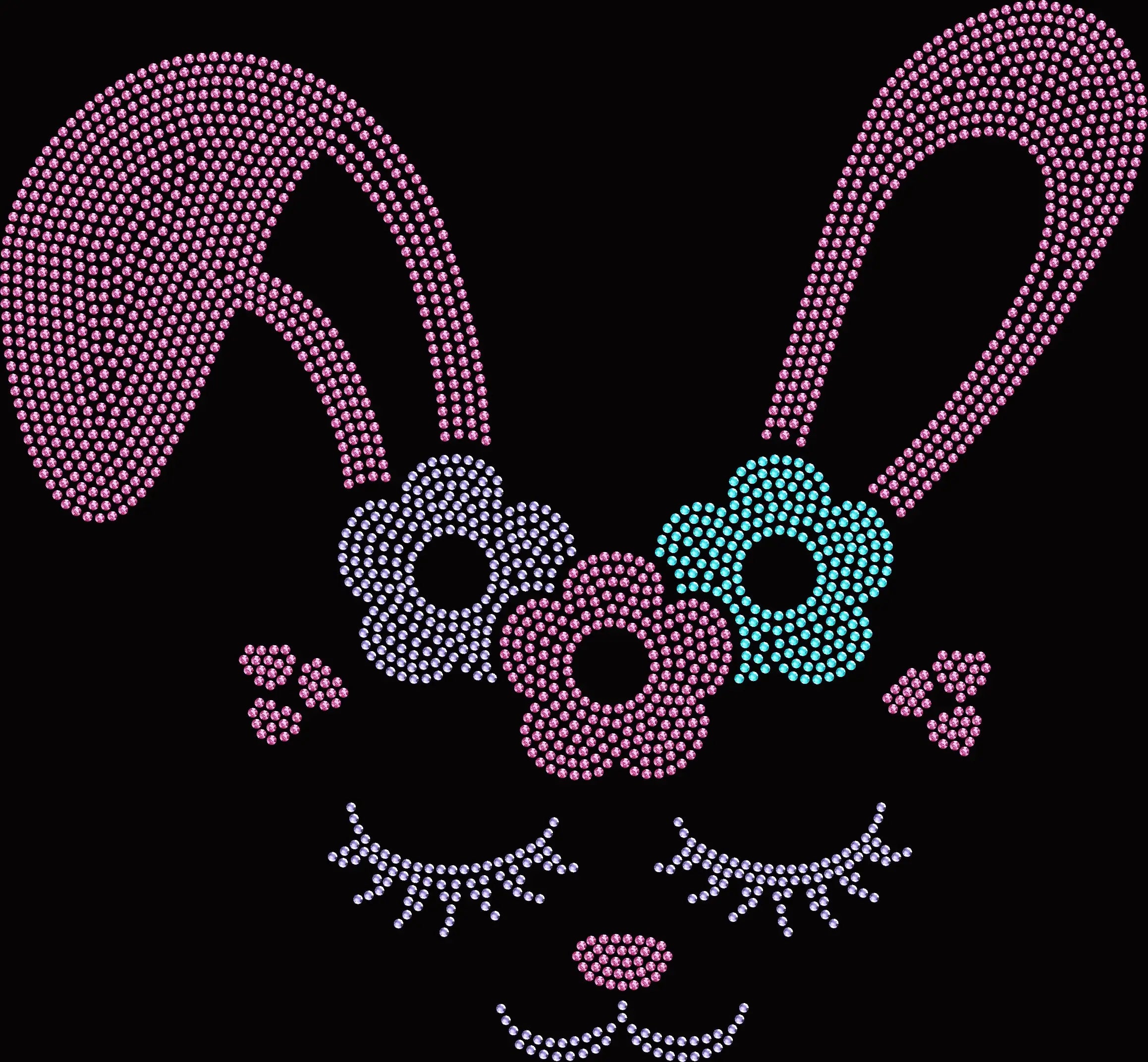 Sparkling rhinestone bunny ears with bunny face shirt on a black t-shirt, cute Easter bling tee for women with simple bunny design.