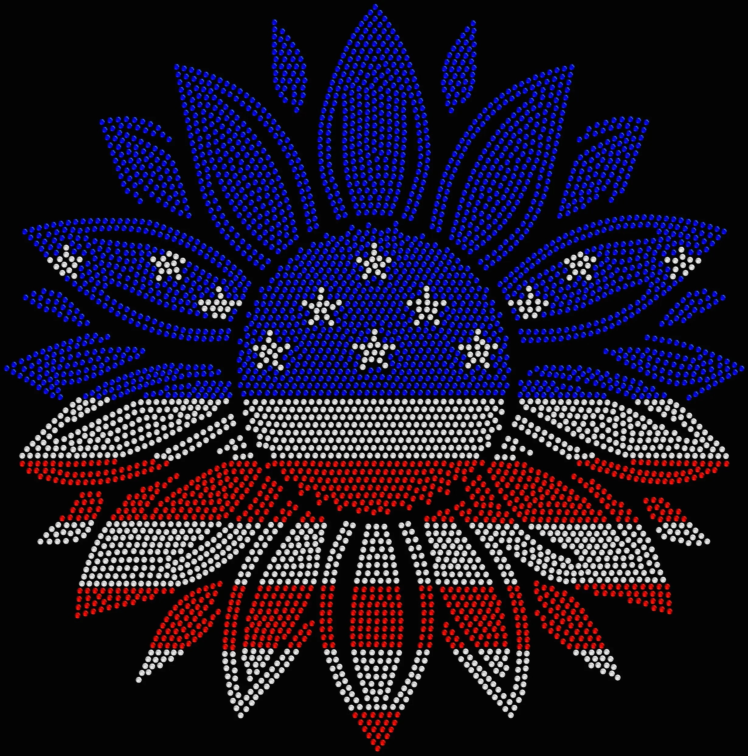 Sparkly rhinestone shirt featuring an American flag flower design in red white and blue bling on a soft cotton unisex t-shirt, perfect for 4th of July, summer parties, and patriotic celebrations.