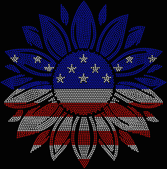 Sparkly rhinestone shirt featuring an American flag flower design in red white and blue bling on a soft cotton unisex t-shirt, perfect for 4th of July, summer parties, and patriotic celebrations.