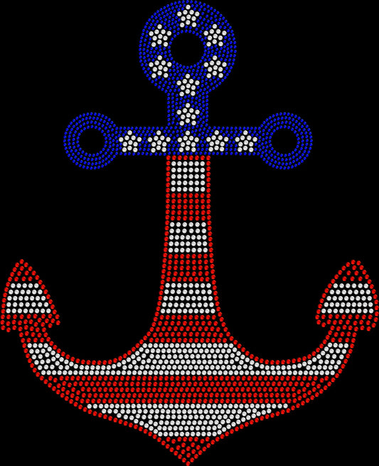 Sparkling rhinestone American flag anchor shirt on a black t-shirt, patriotic nautical bling tee for women with red white and blue anchor design.