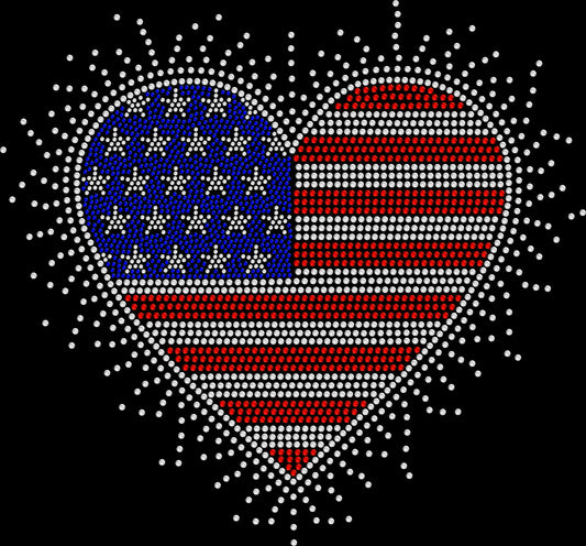 Sparkling rhinestone American flag heart shirt on a black t-shirt, patriotic bling tee for women with red white and blue heart design.