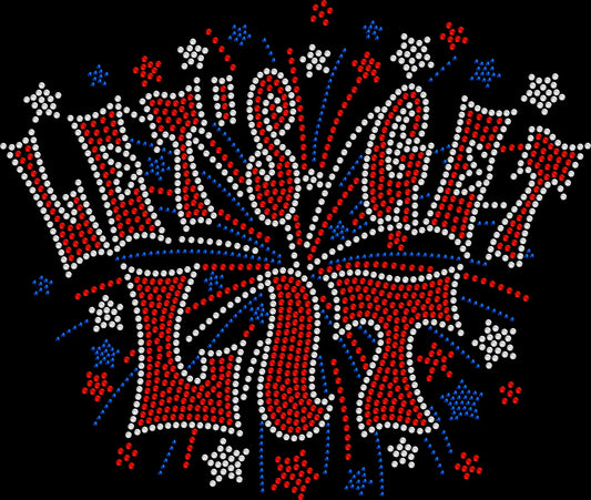 Sparkling rhinestone Let’s Get Lit shirt on a black t-shirt, funny patriotic bling tee for women perfect for 4th of July parties and fireworks.