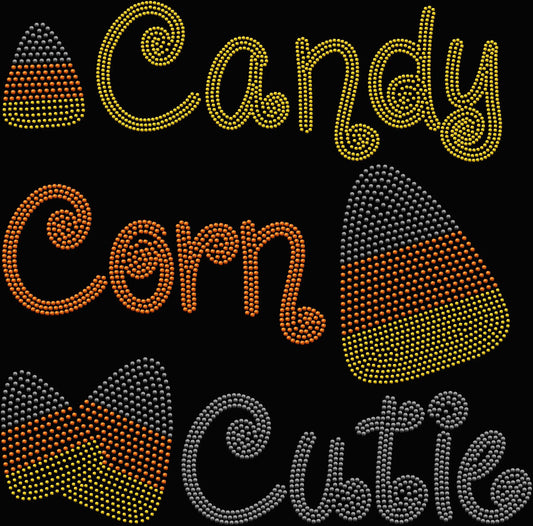 Candy Corn Cutie rhinestone Halloween shirt featuring a sparkling candy corn inspired design, cute women's Halloween top for parties, pumpkin patches, fall festivals and spooky season.