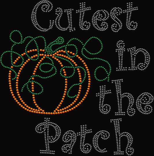 Cutest Pumpkin in the Patch rhinestone shirt featuring a sparkling pumpkin inspired design, cute fall top for pumpkin patch trips, fall festivals, family photos, Halloween and Thanksgiving season.