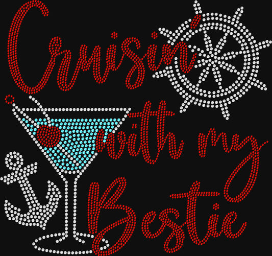 Match your bestie in style with this Cruisin’ with My Bestie rhinestone shirt. Perfect for girls trips, cruises, and fun vacation outfits.