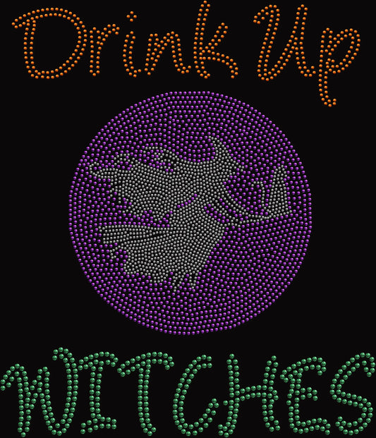 Drink Up Witches rhinestone Halloween shirt featuring a sparkling witch inspired design, funny witchy top for Halloween cocktail parties, girls nights, witch squads and spooky season celebrations.