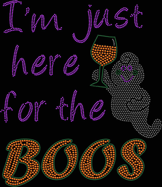 I'm Just Here for the BOOS shirt featuring a funny Halloween wordplay design created with premium glass rhinestones or holographic spangles. Sparkling spooky season apparel for Halloween parties, cocktail nights, girls' nights, haunted houses, costume parties, trick-or-treat night, and October celebrations. 👻🍸🎃✨💎🖤