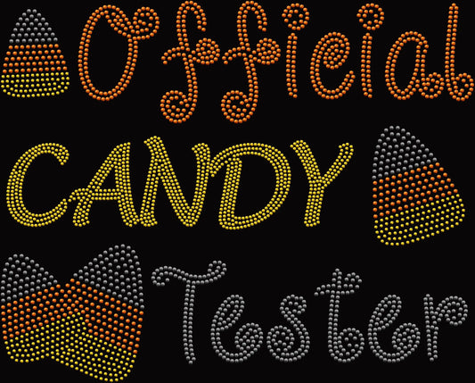 Official Candy Tester rhinestone Halloween shirt featuring a sparkling candy inspired design, funny trick or treat top for candy lovers, Halloween parties, trunk or treat and spooky season.