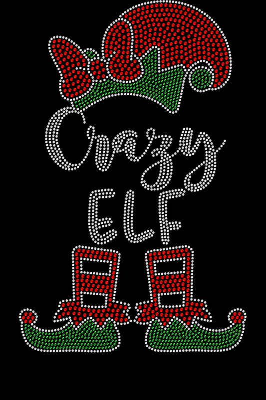 Custom Mama Elf Christmas shirt with personalized name, elf hat, and curled elf feet in sparkling glass rhinestones or colorful holographic spangles.