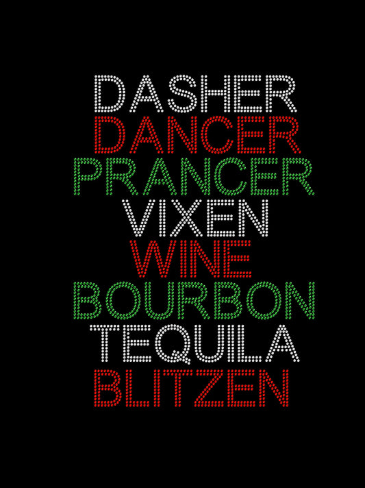 Sparkling rhinestone Christmas shirt featuring Drinking Reindeer design with wine bourbon tequila names on a black t-shirt, funny holiday bling tee for women.