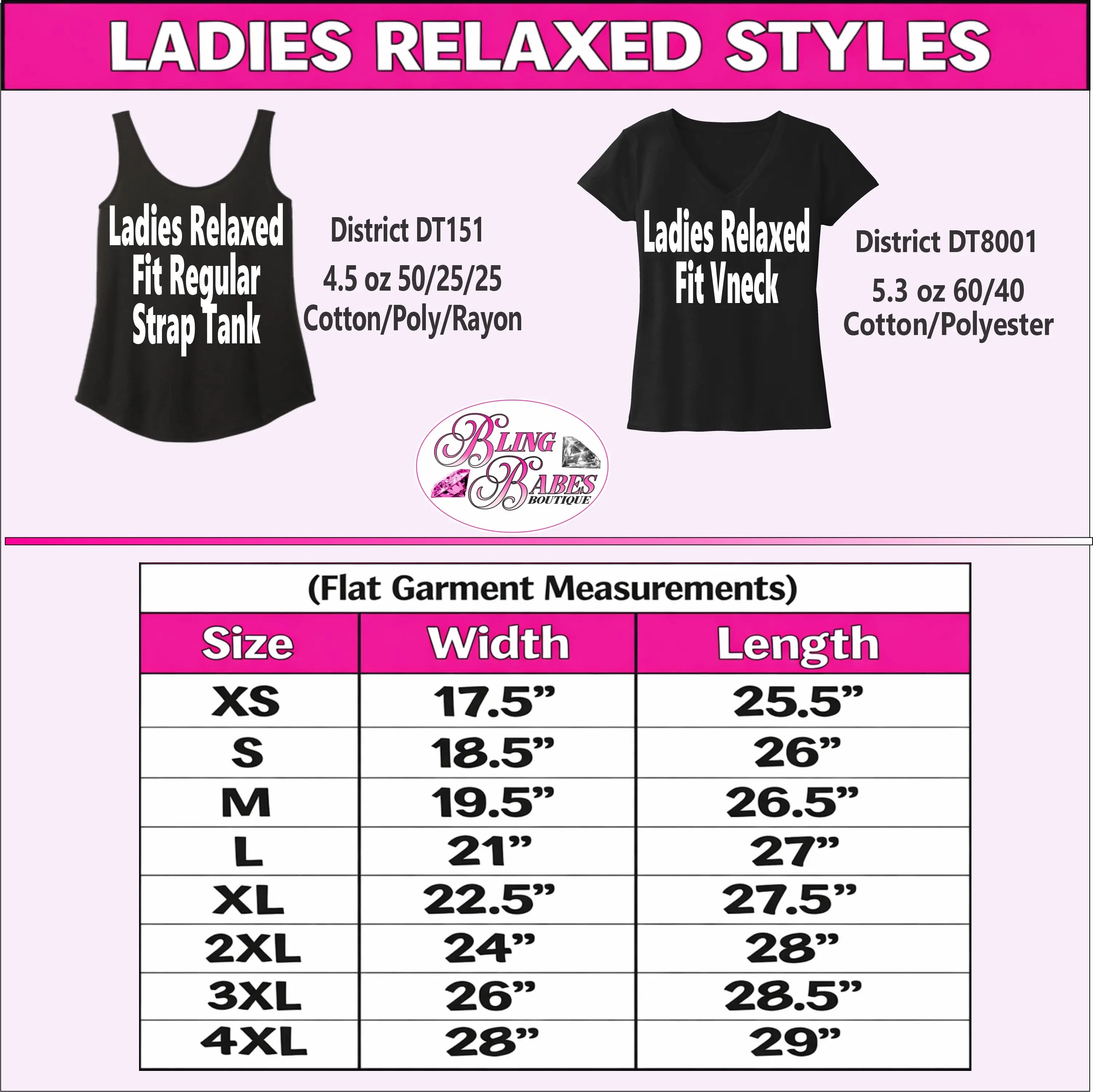 a collection of women's t-shirt designs, including two styles: a regular fit tank and a v neck. The image provides size and width measurements for each style, as well as the length of the tank.