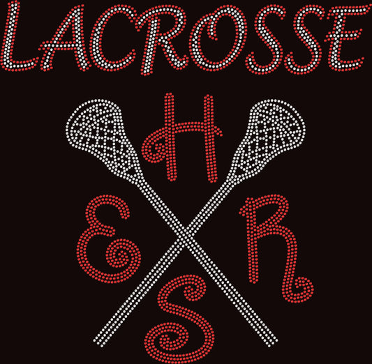 ERHS lacrosse rhinestone shirt featuring sparkling school initials with crossed lacrosse sticks on a black tee, bling game day lacrosse school spirit apparel