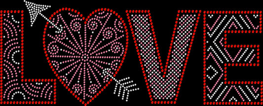 LOVE rhinestone shirt featuring a sparkling heart and arrow design with crystal embellishments on a soft women’s fashion tee, perfect for Valentine’s Day and romantic occasions