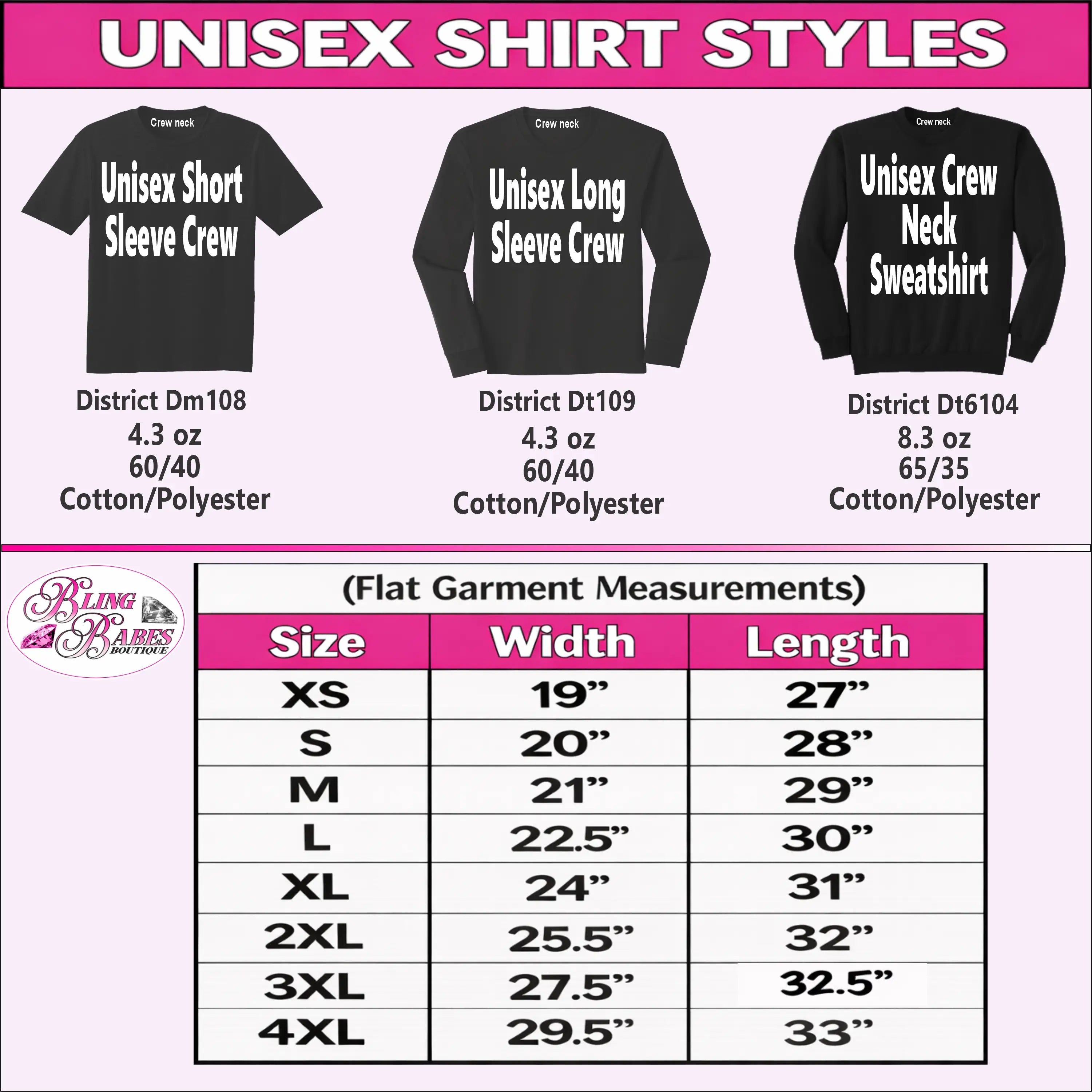 three different styles of unisex short sleeve crew shirts, each with a different size and width, as indicated by the table below.