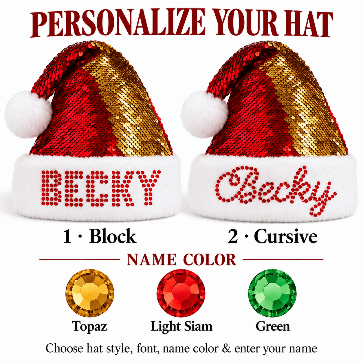 🎅🎄 Custom Rhinestone Santa Hat | Personalized Name, Choose Your Font & Rhinestone Color, Flip Sequin Christmas Hat 💎🎁✨ - 1739