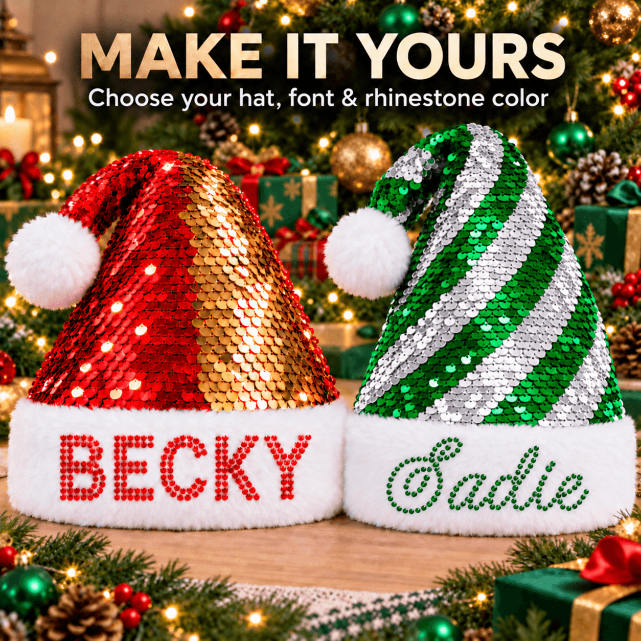 🎅🎄 Custom Rhinestone Santa Hat | Personalized Name, Choose Your Font & Rhinestone Color, Flip Sequin Christmas Hat 💎🎁✨ - 1739