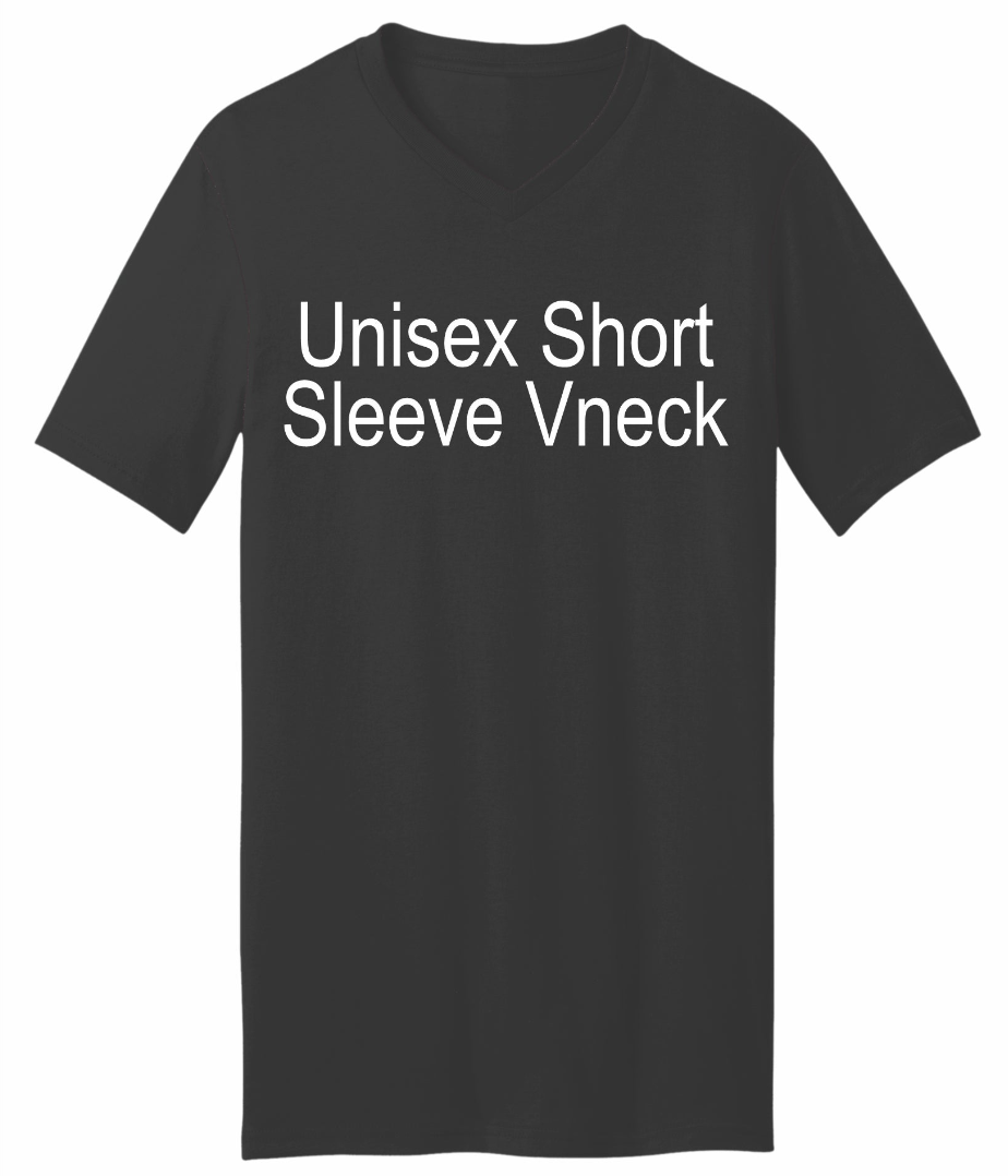 A black t-shirt with white text that reads "Unisex Short Sleeve Vneck".