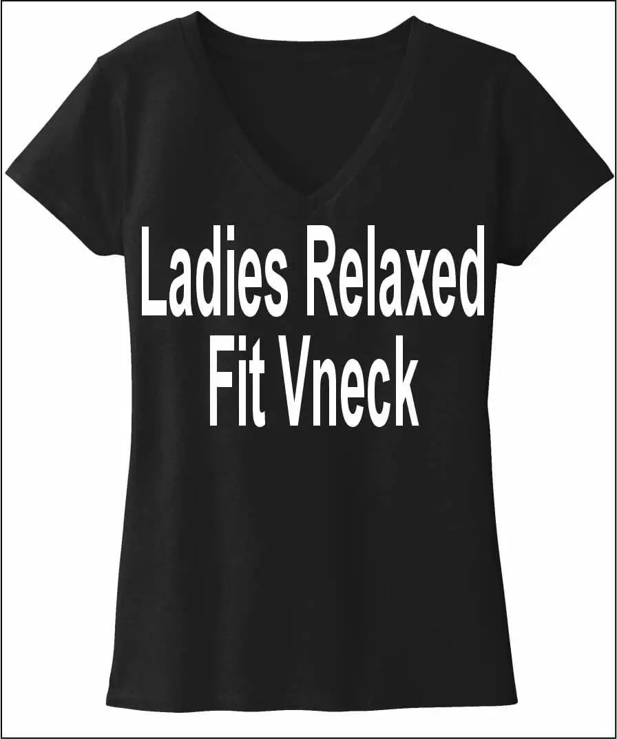 A black t-shirt with white text that reads "Ladies Relaxed Fit Vneck".