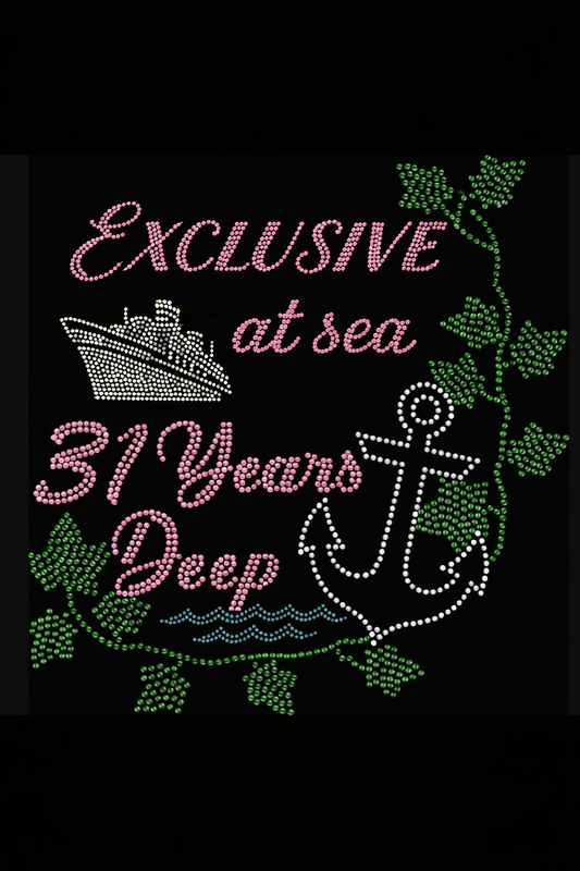 EXCLUSIVE at Sea 31 Years Deep rhinestone shirt featuring sparkling crystal lettering on a black tee, luxury cruise anniversary bling apparel