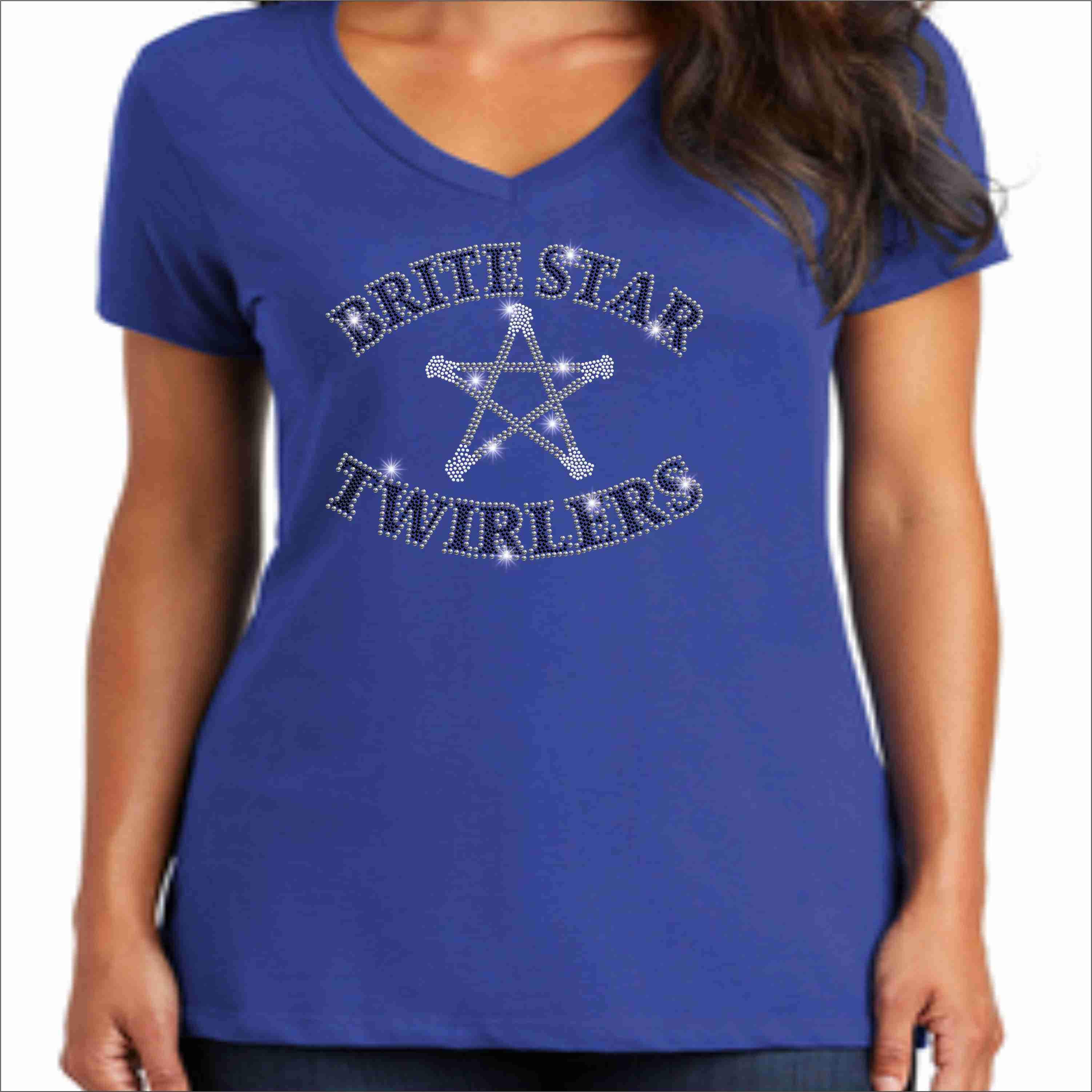 Brite Star Twirlers- Ladies Short Sleeve V-Neck Bling-Ladies Short Sleeve V-neck-Becky's Boutique-Small-Blue-Beckys-Boutique.com