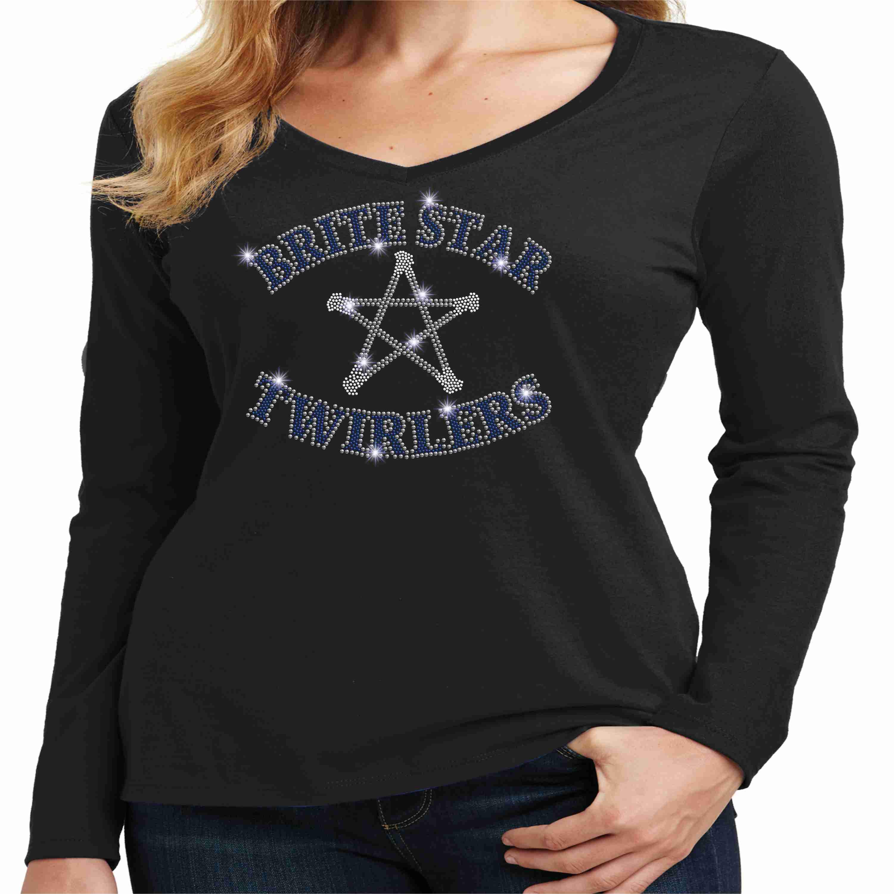 Brite Star Twirlers- Womens Long Sleeve V-Neck Bling-Ladies Long Sleeve V-neck-Becky's Boutique-Small-Black-Beckys-Boutique.com