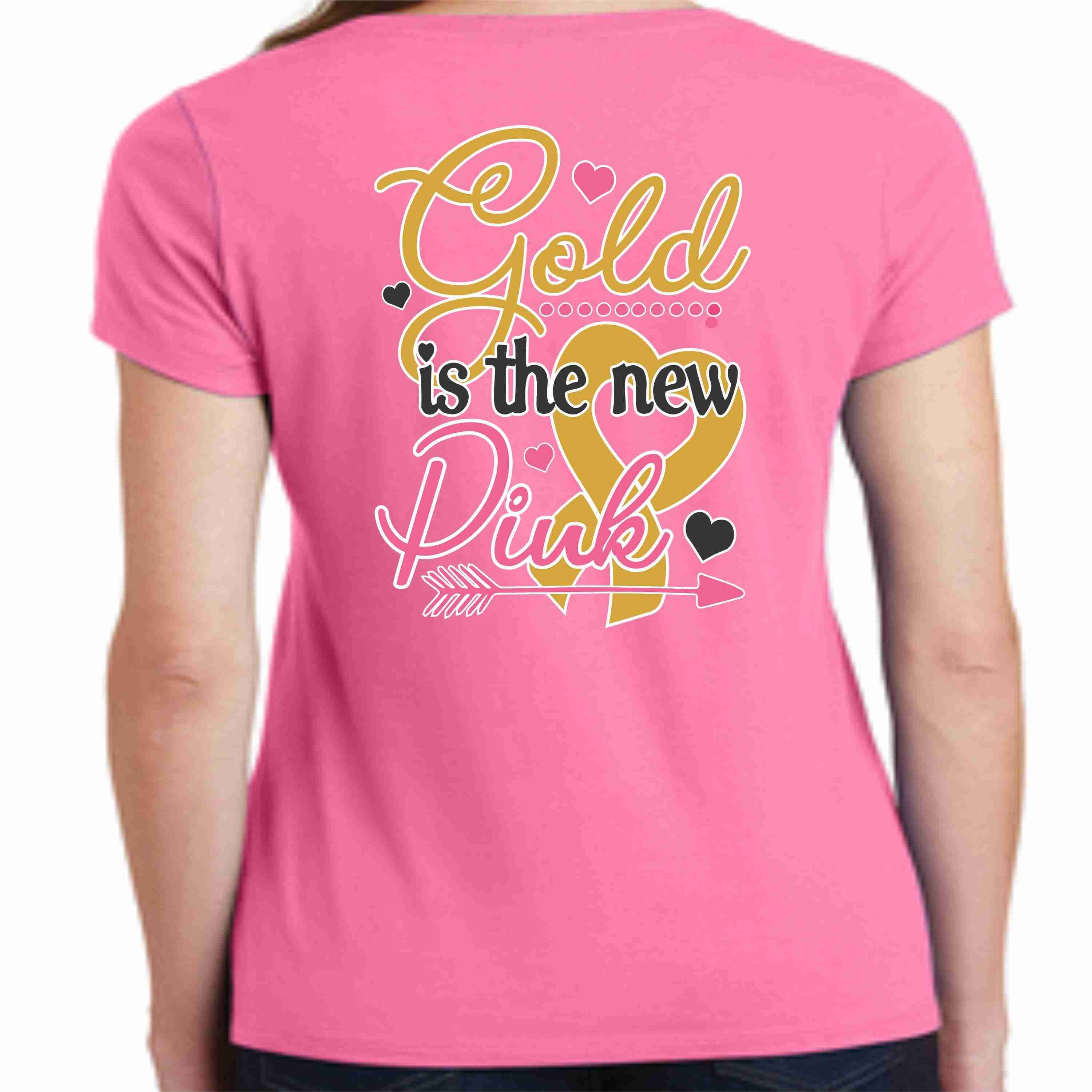 Gold is the New Pink -Whipping Childhood Cancer Short Sleeve Screen Printed T-Shirt Womens VIEW ALL DESIGNS Becky's Boutique Small 