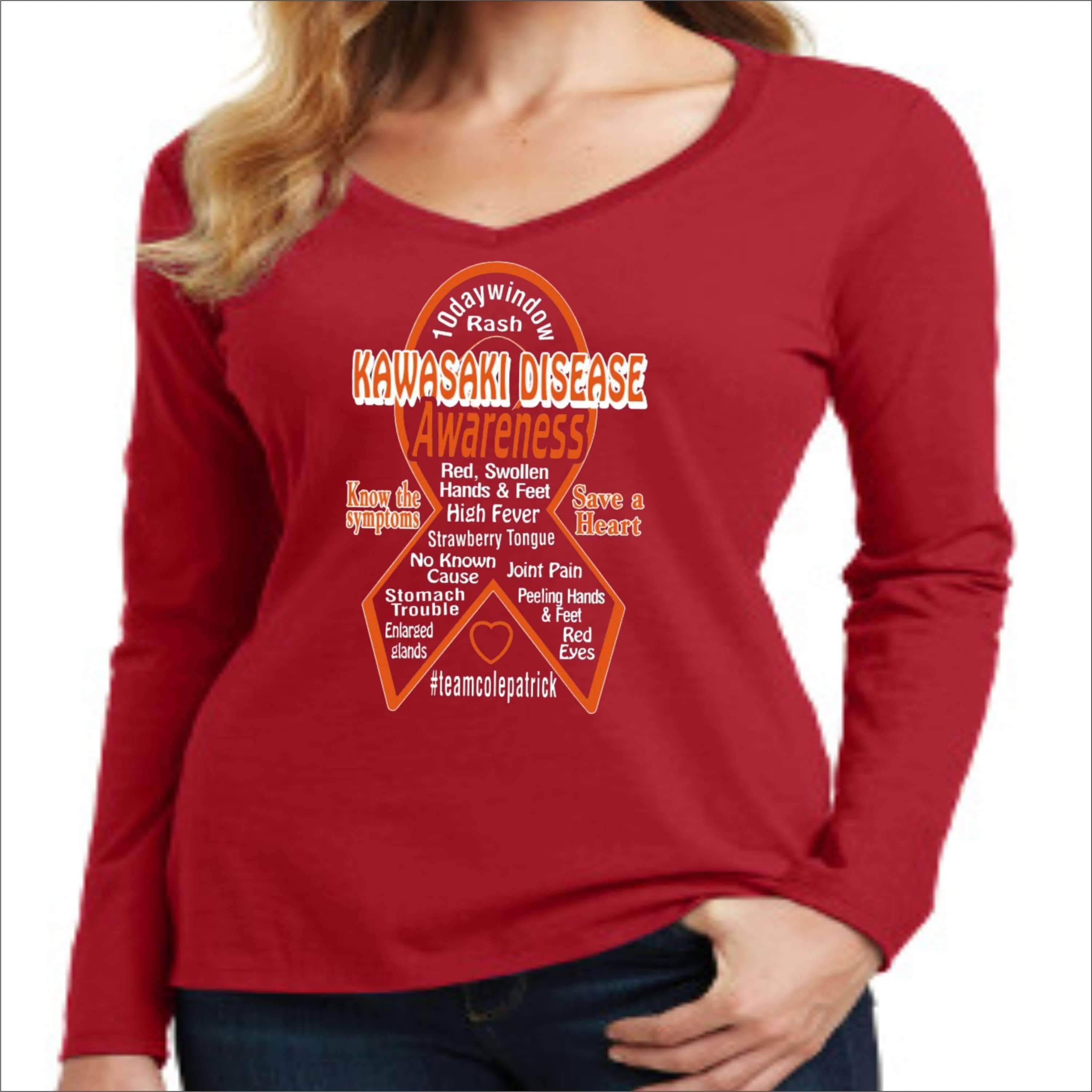 Kawasaki Disease Awareness Ladies Long Sleeve V-neck Screen Printed T-shirt Causes & Awareness Becky's Boutique Adult Small 