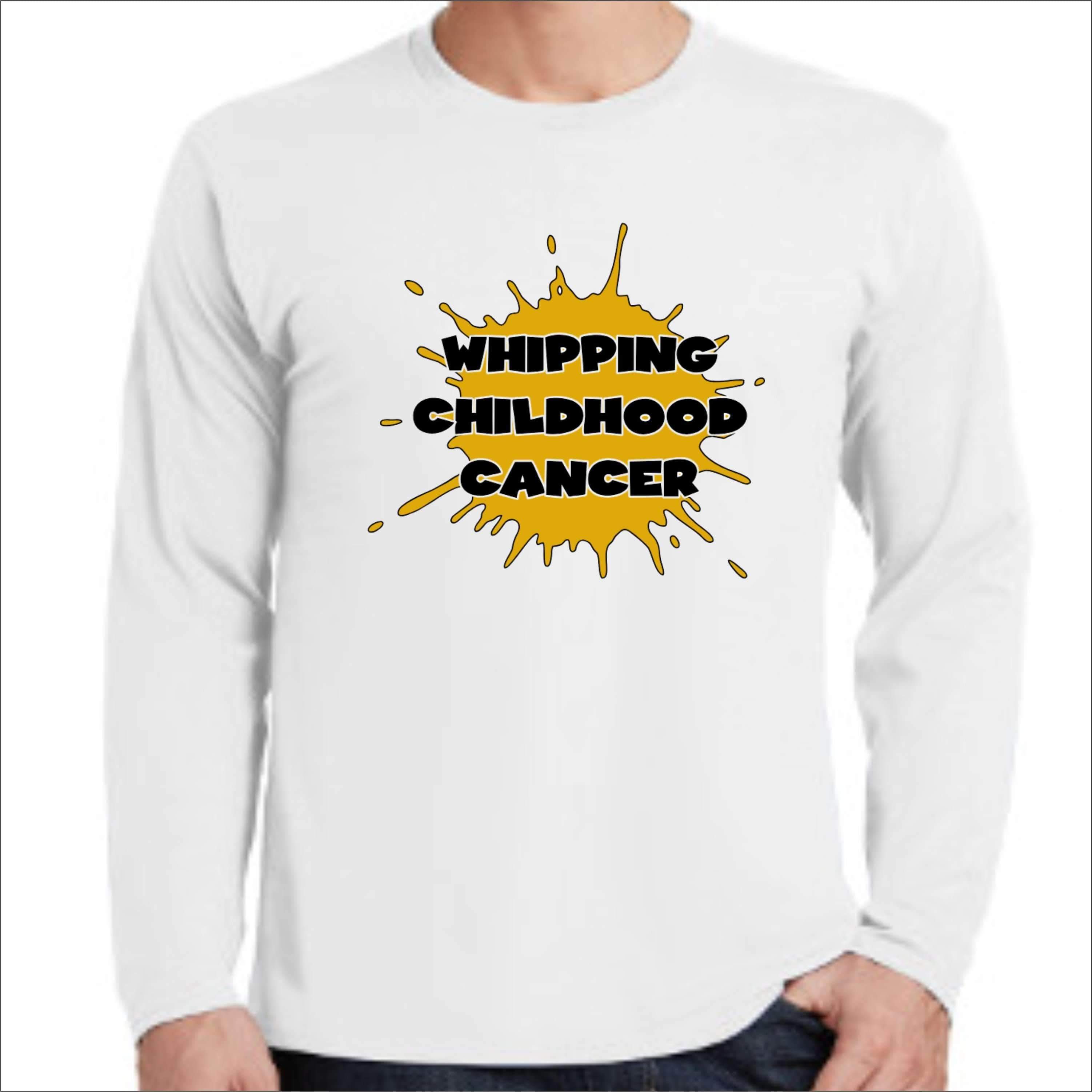 Whipping Childhood Cancer Long Sleeve Screen Printed T-Shirt VIEW ALL DESIGNS Becky's Boutique Small White 