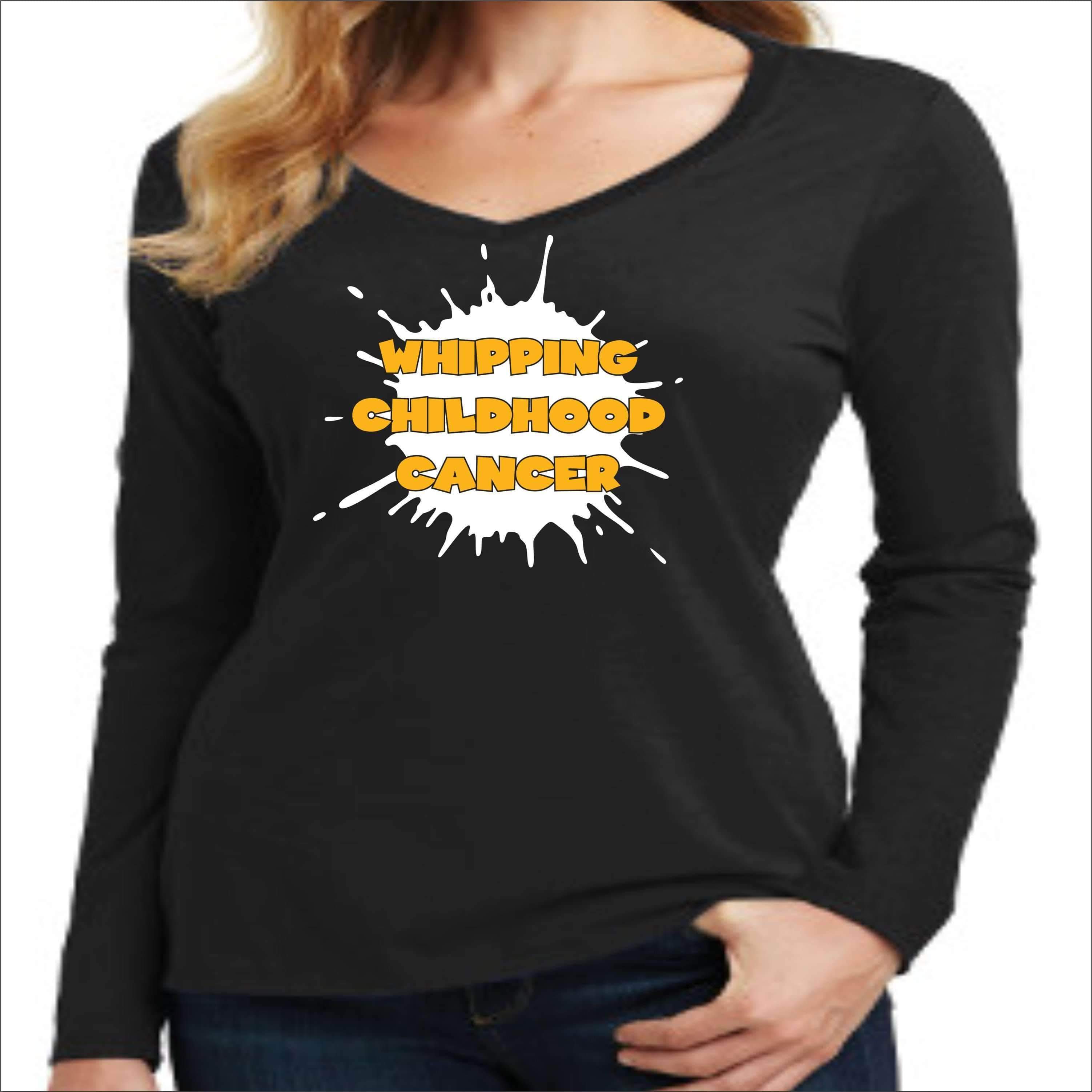 Whipping Childhood Cancer Long Sleeve V-Neck Screen Printed T-Shirt VIEW ALL DESIGNS Becky's Boutique Womens Extra-small Black 