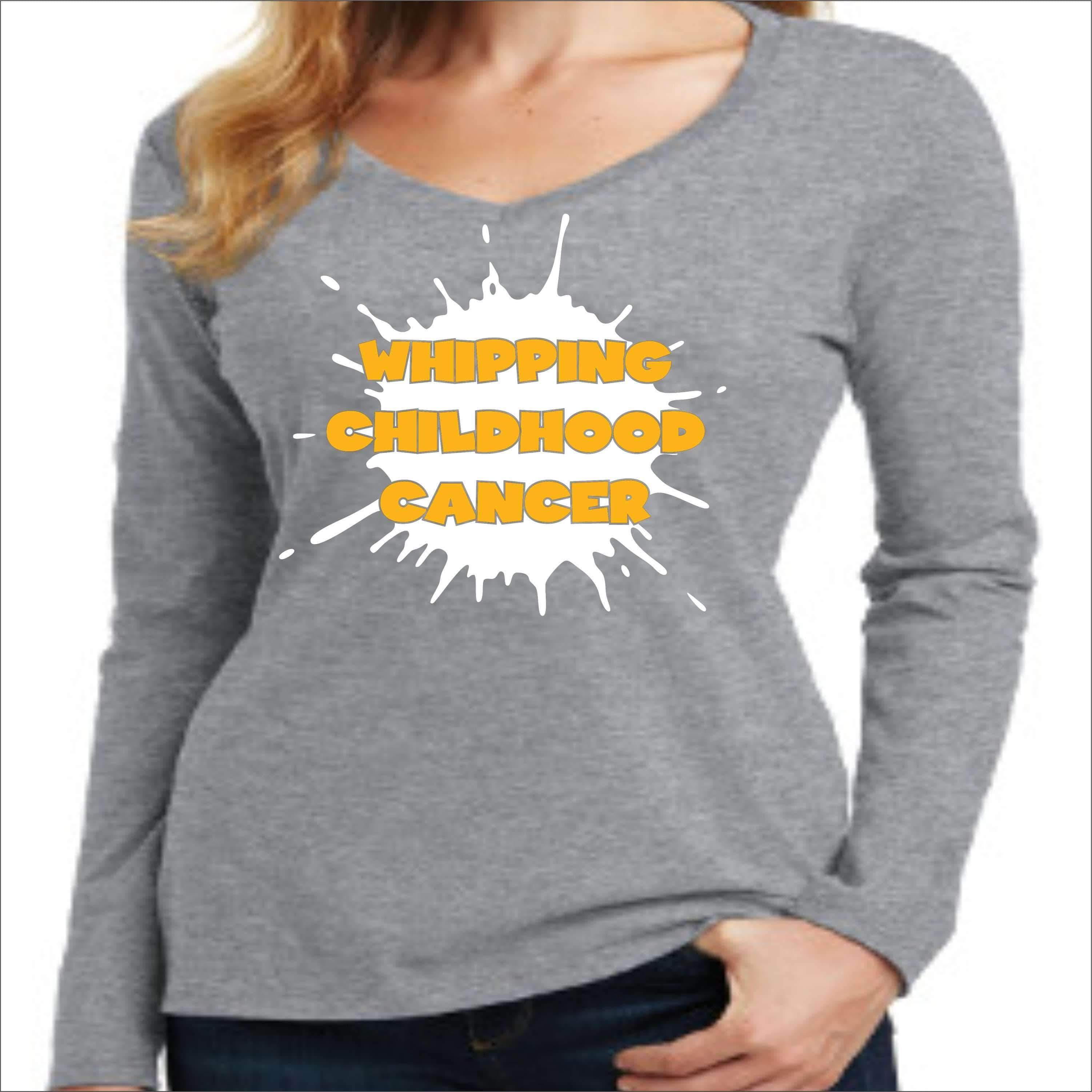 Whipping Childhood Cancer Long Sleeve V-Neck Screen Printed T-Shirt VIEW ALL DESIGNS Becky's Boutique Womens Extra-small Gray 