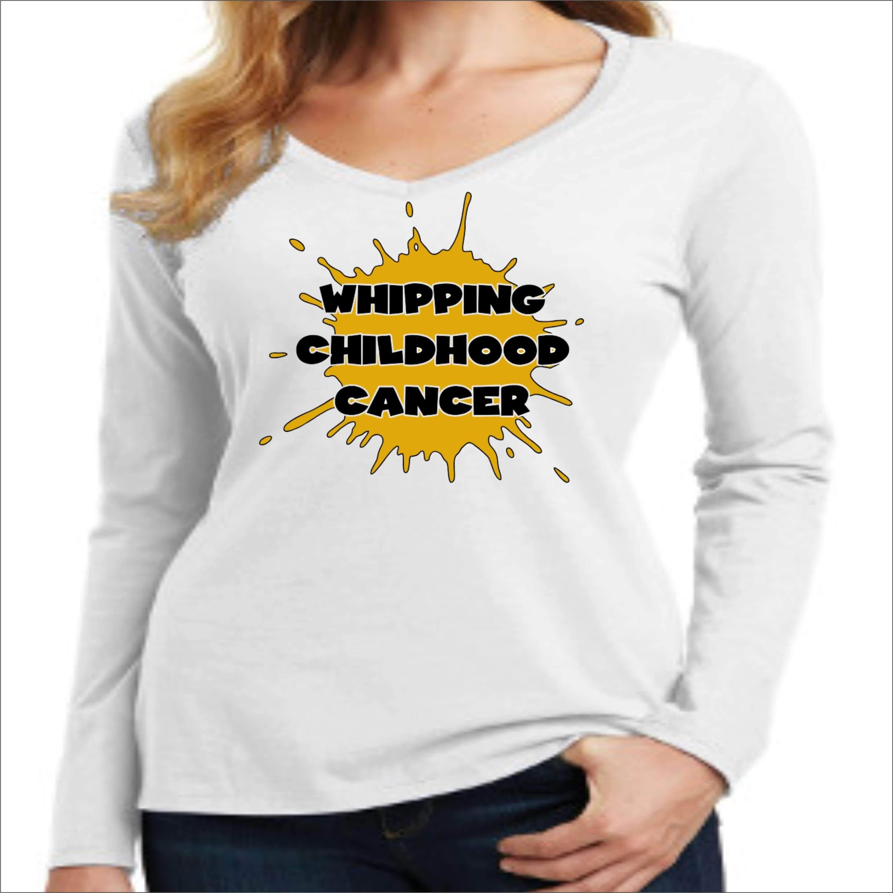 Whipping Childhood Cancer Long Sleeve V-Neck Screen Printed T-Shirt VIEW ALL DESIGNS Becky's Boutique Womens Extra-small White 