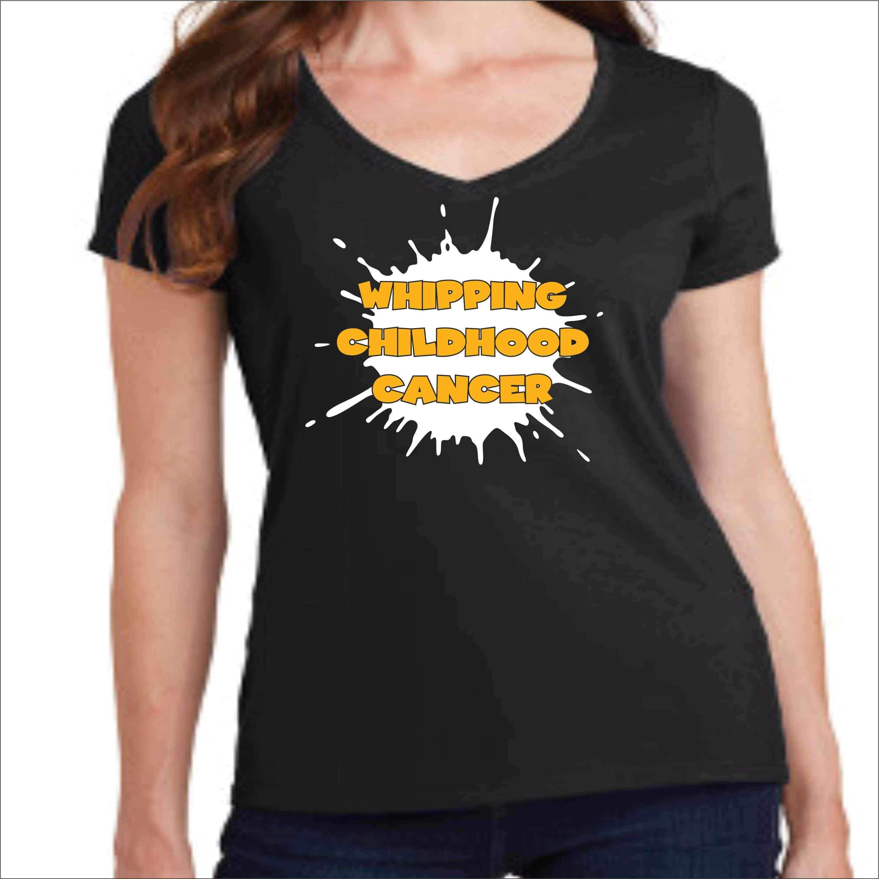 Whipping Childhood Cancer Short Sleeve V-Neck Screen Printed T-Shirt VIEW ALL DESIGNS Becky's Boutique Womens Extra-small Black 